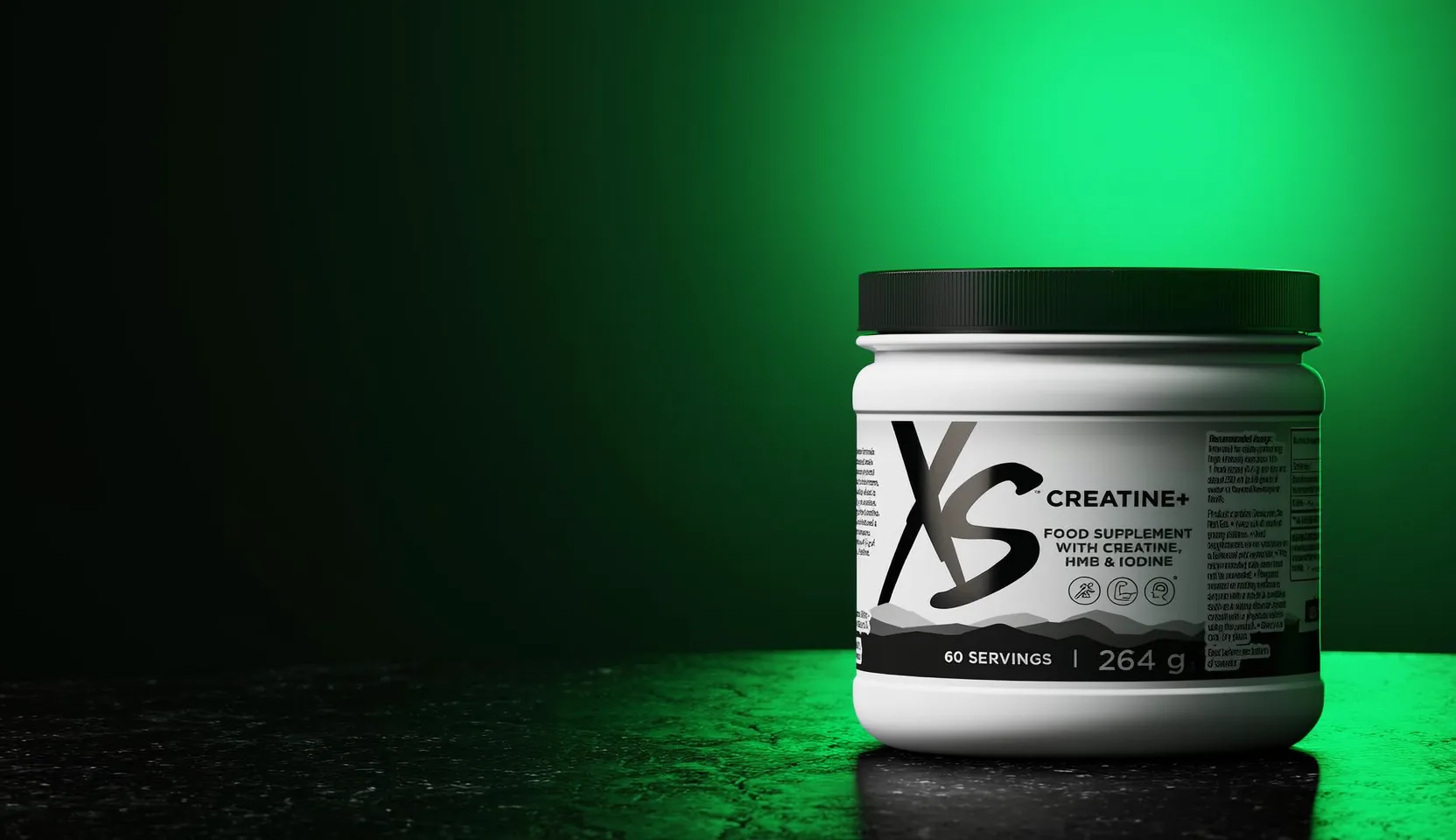 XS Creatine+ tub on dark stone with a soft glow
