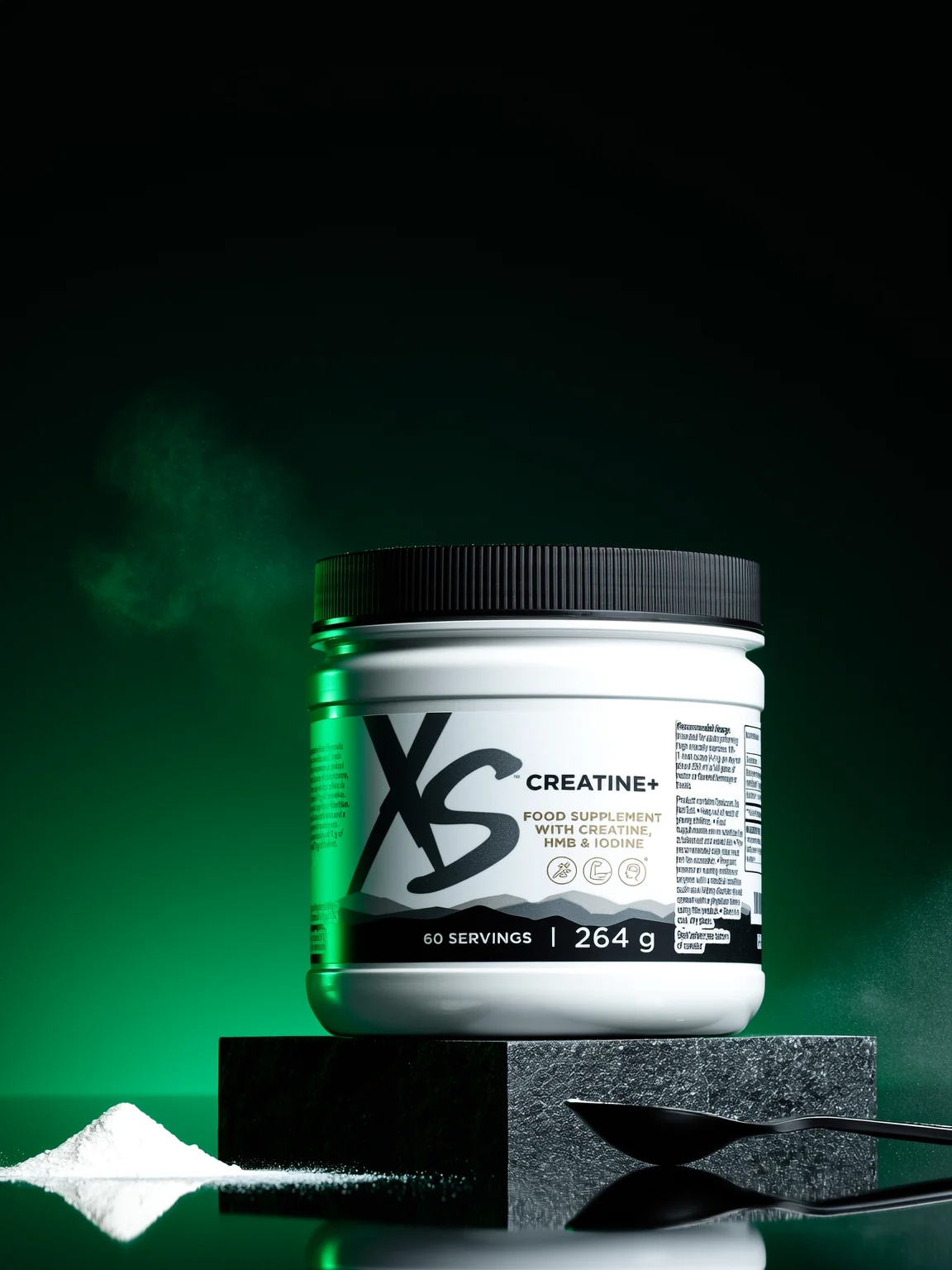 XS Creatine+ tub on a dark stone plinth with a scoop and fine white powder