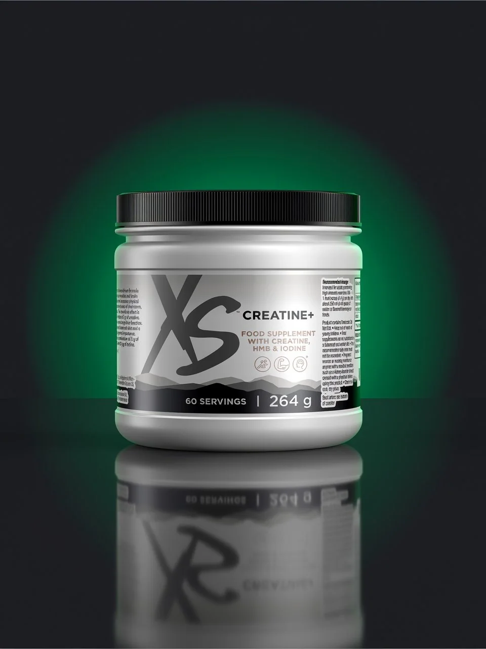 XS Creatine+ tub on a dark glossy surface with a green glow